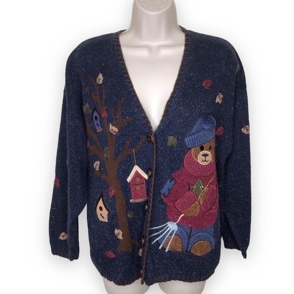 Mandal Bay Teddy Bear Blue Button Front V Neck Long Sleeve Cardigan Size Large - Picture 1 of 12